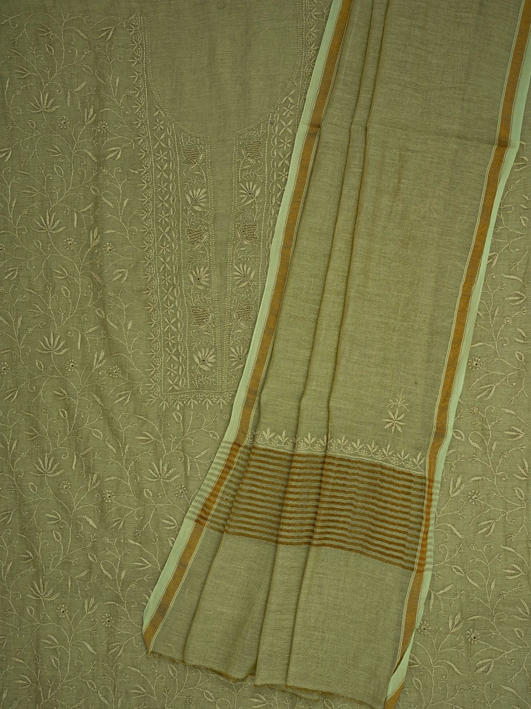 Ada Hand Embroidered Light Green Tissue Lucknowi Chikankari Unstitched Kurta Dupatta Set 01A661933