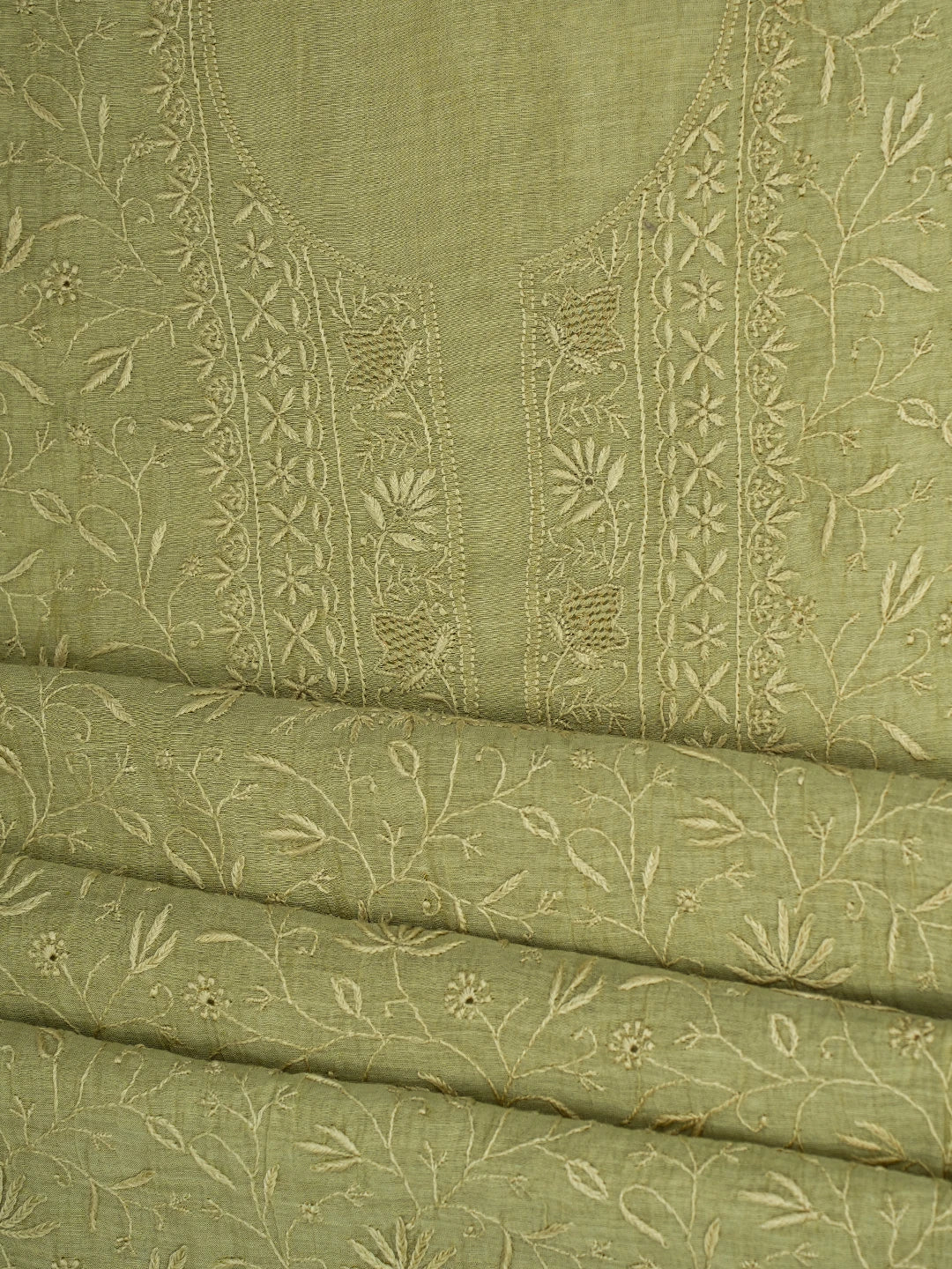 Ada Hand Embroidered Light Green Tissue Lucknowi Chikankari Unstitched Kurta Dupatta Set 01A661933