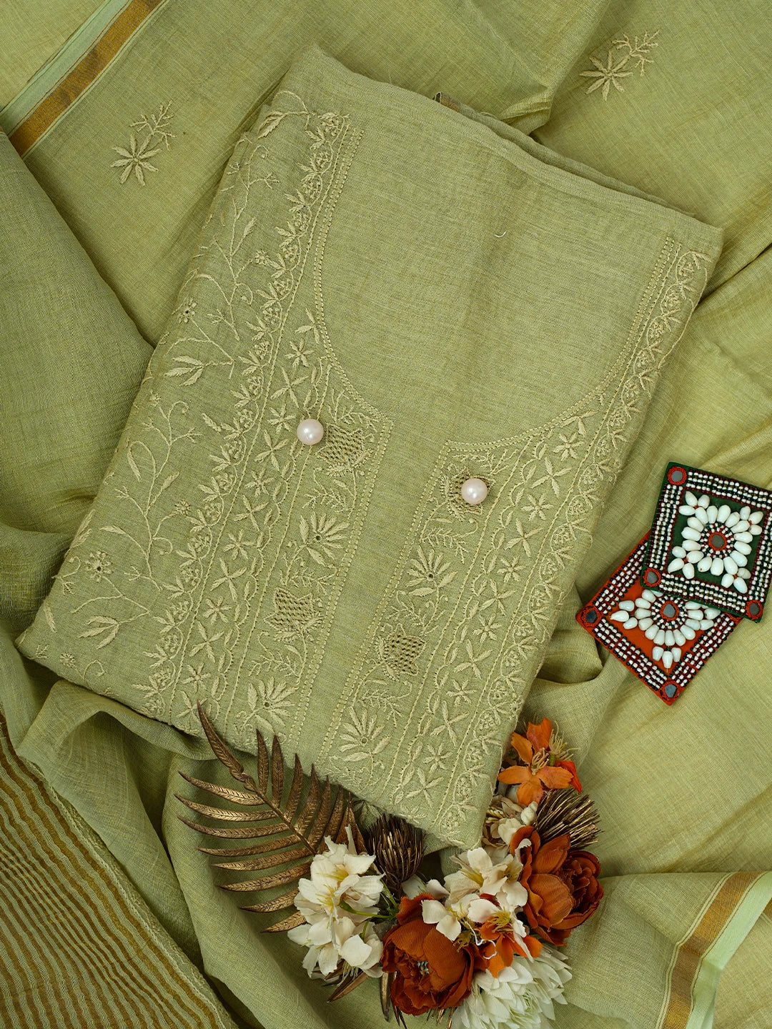 Ada Hand Embroidered Light Green Tissue Lucknowi Chikankari Unstitched Kurta Dupatta Set 01A661933