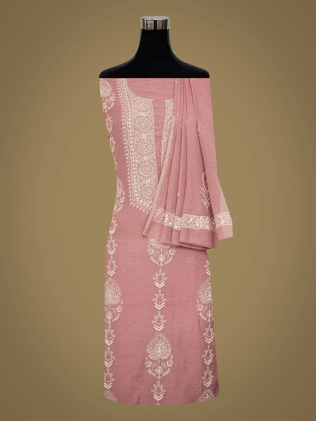 Ada Hand Embroidered Puce PInk Tissue Lucknowi Chikankari Unstitched Kurta Dupatta Set With Cutdana Work 01A718670