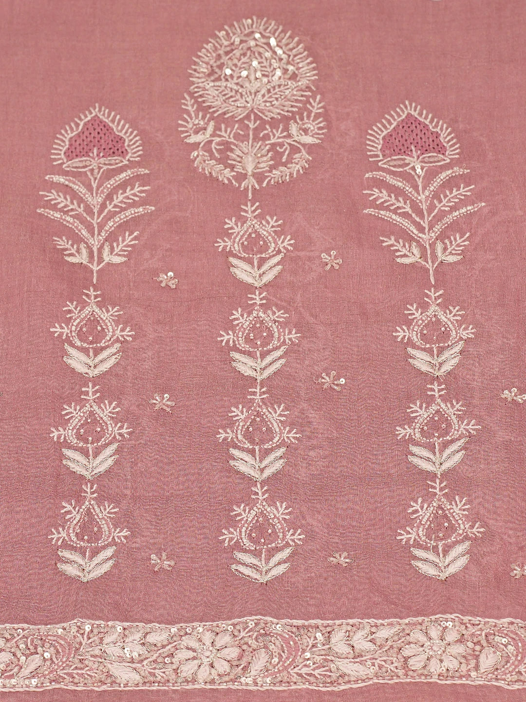 Ada Hand Embroidered Puce PInk Tissue Lucknowi Chikankari Unstitched Kurta Dupatta Set With Cutdana Work 01A718670