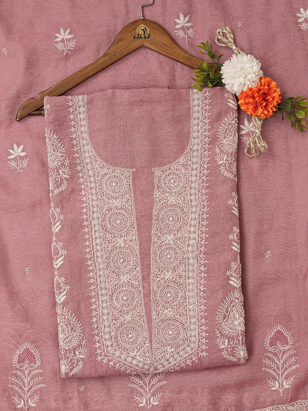 Ada Hand Embroidered Puce PInk Tissue Lucknowi Chikankari Unstitched Kurta Dupatta Set With Cutdana Work 01A718670
