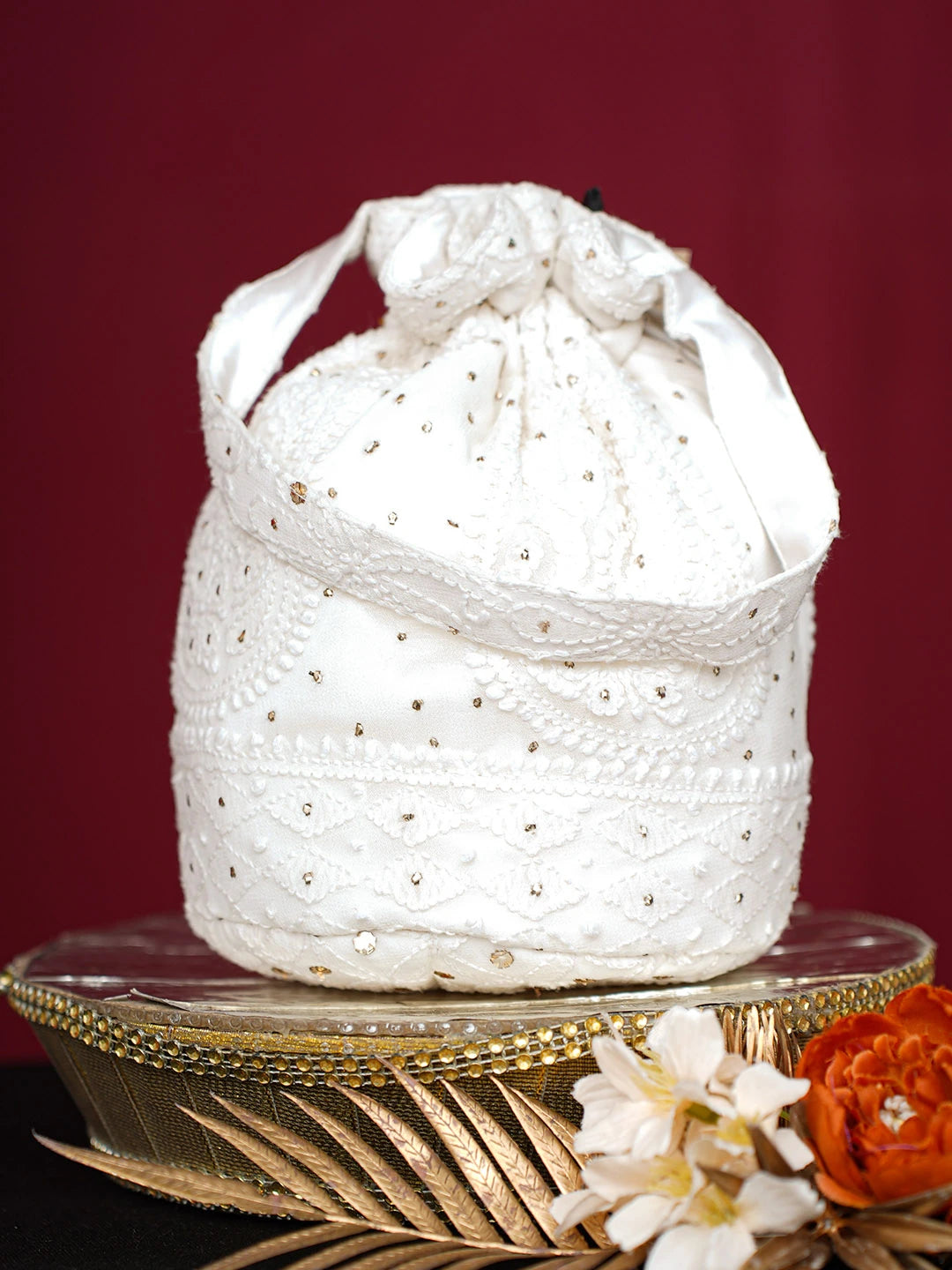 Ada Hand Embroidered White Viscose Georgette Lucknowi Chikankari Potli Bag With Muqaish Work 01A748893