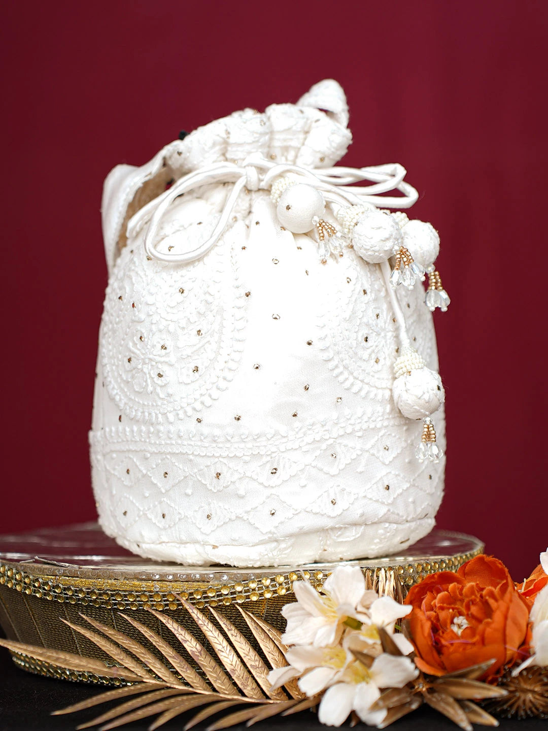 Ada Hand Embroidered White Viscose Georgette Lucknowi Chikankari Potli Bag With Muqaish Work 01A748893