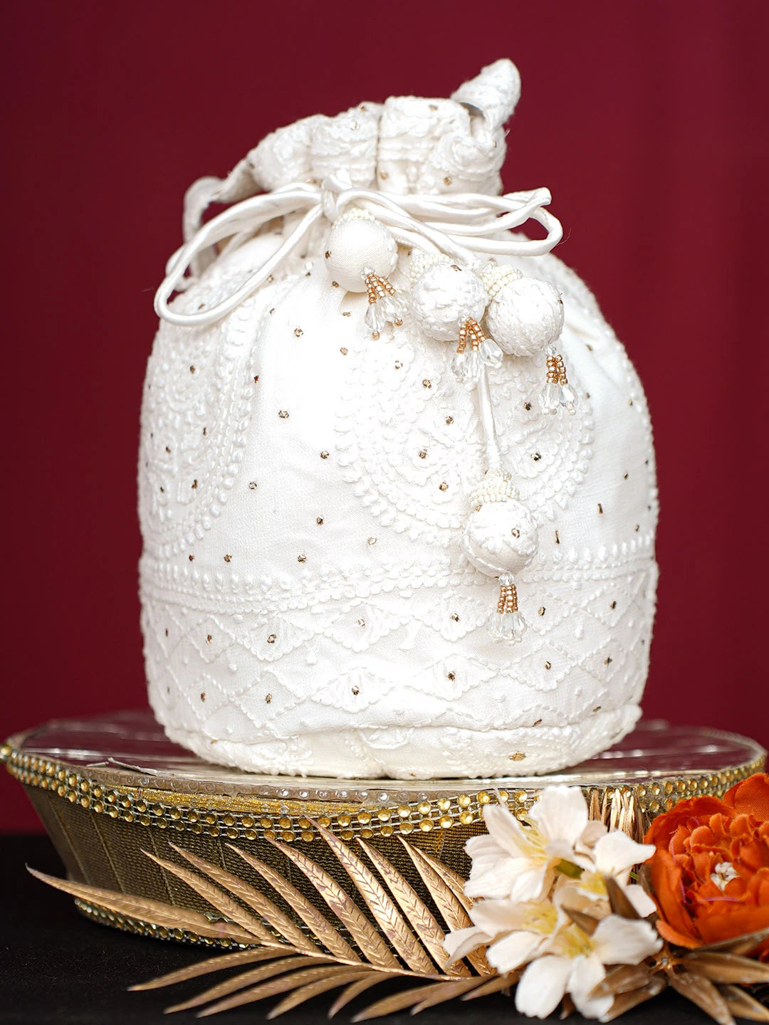 Ada Hand Embroidered White Viscose Georgette Lucknowi Chikankari Potli Bag With Muqaish Work 01A748893