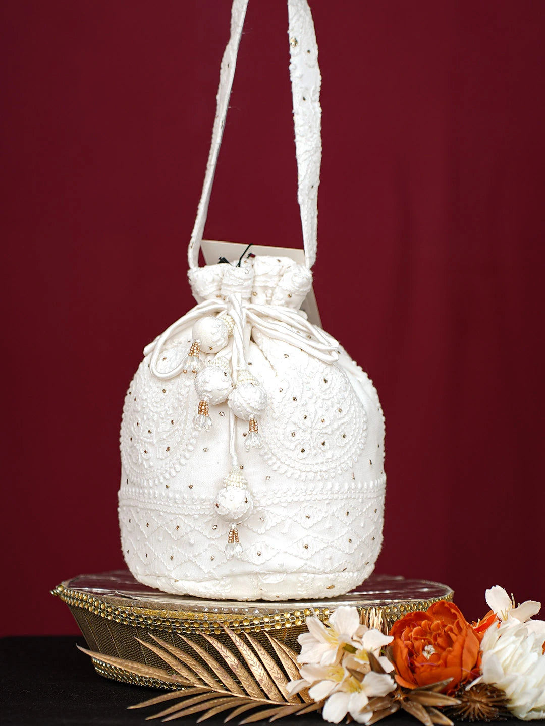 Ada Hand Embroidered White Viscose Georgette Lucknowi Chikankari Potli Bag With Muqaish Work 01A748893