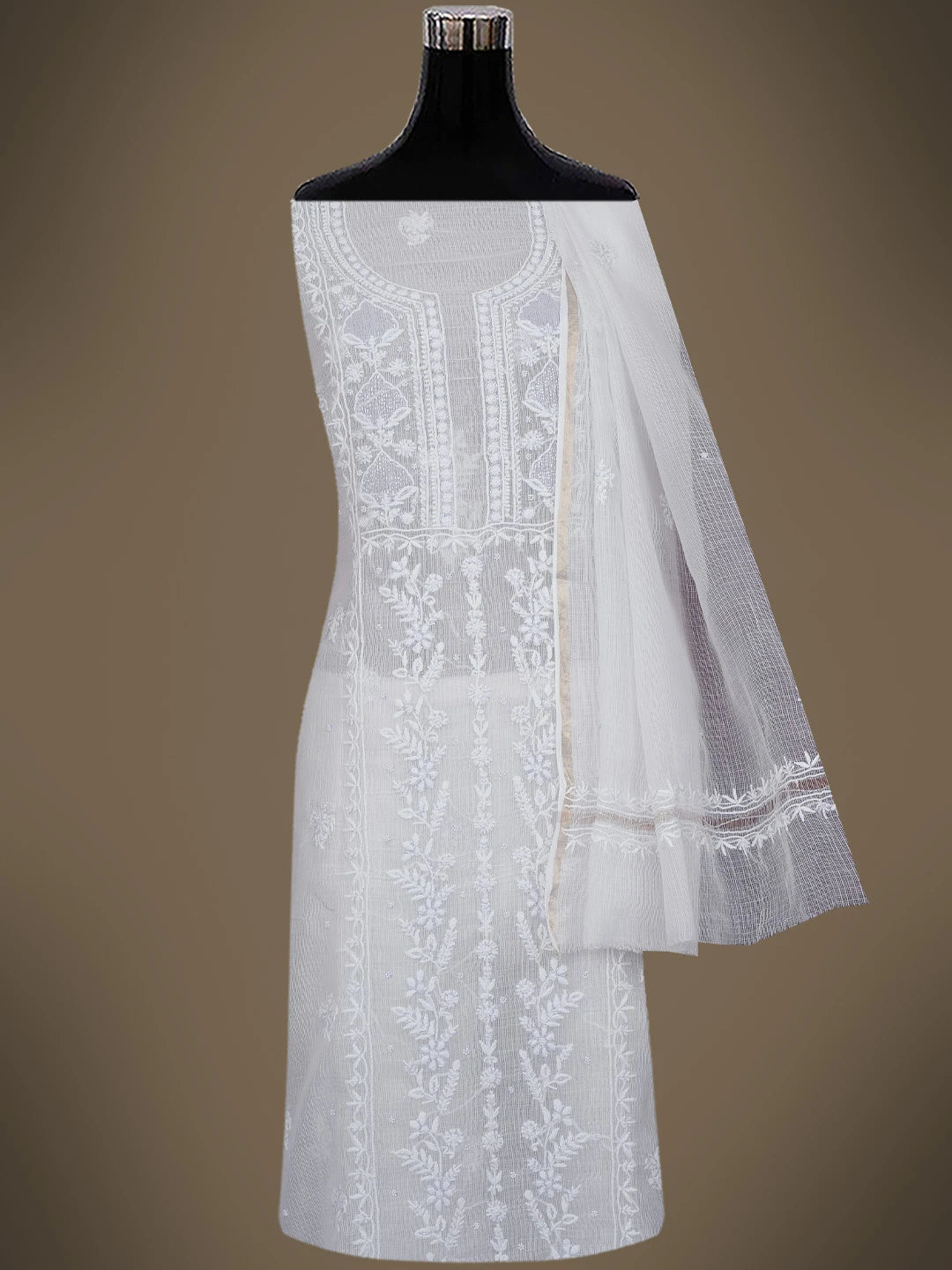 Ada Hand Embroidered White Kota Lucknowi Chikankari Unstitched Kurta Dupatta Set With Cutdana Work 01A749511