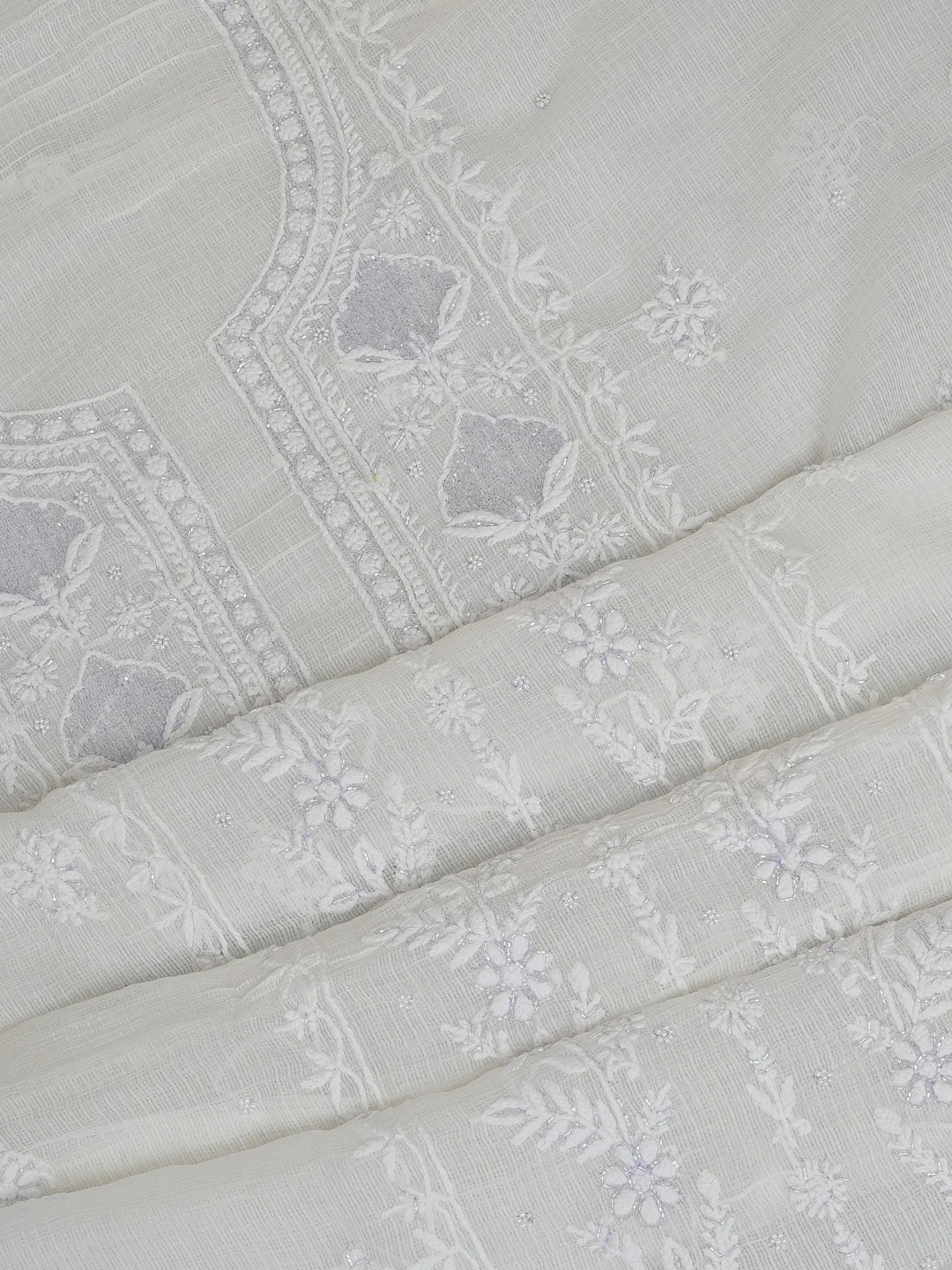 Ada Hand Embroidered White Kota Lucknowi Chikankari Unstitched Kurta Dupatta Set With Cutdana Work 01A749511