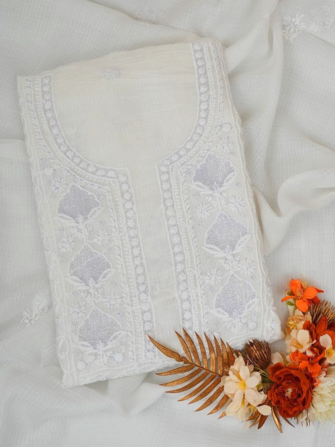 Ada Hand Embroidered White Kota Lucknowi Chikankari Unstitched Kurta Dupatta Set With Cutdana Work 01A749511