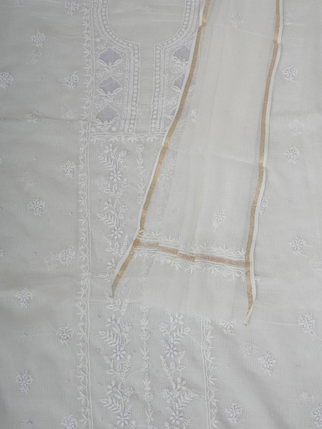 Ada Hand Embroidered White Kota Lucknowi Chikankari Unstitched Kurta Dupatta Set With Cutdana Work 01A749511