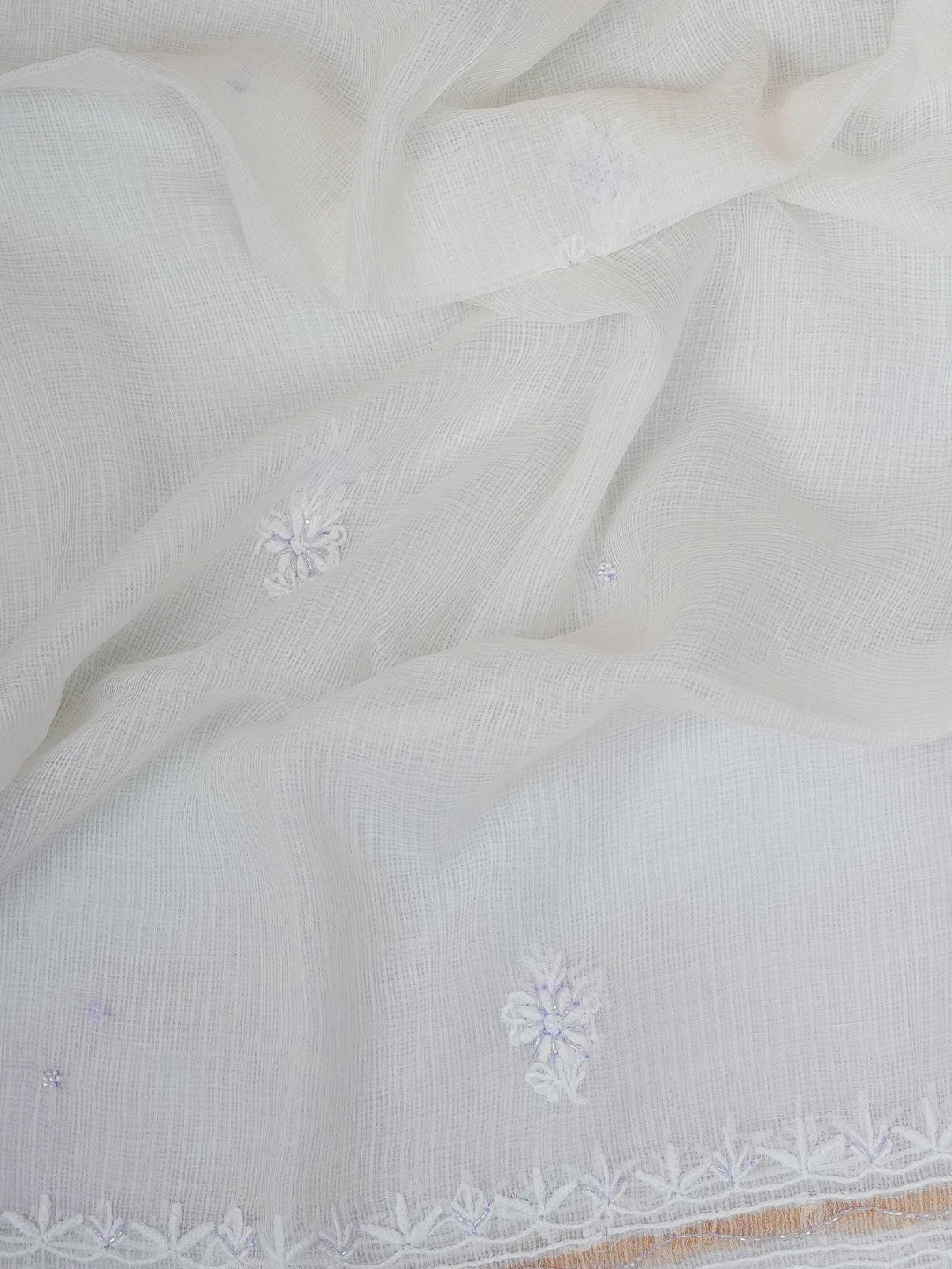 Ada Hand Embroidered White Kota Lucknowi Chikankari Unstitched Kurta Dupatta Set With Cutdana Work 01A749511