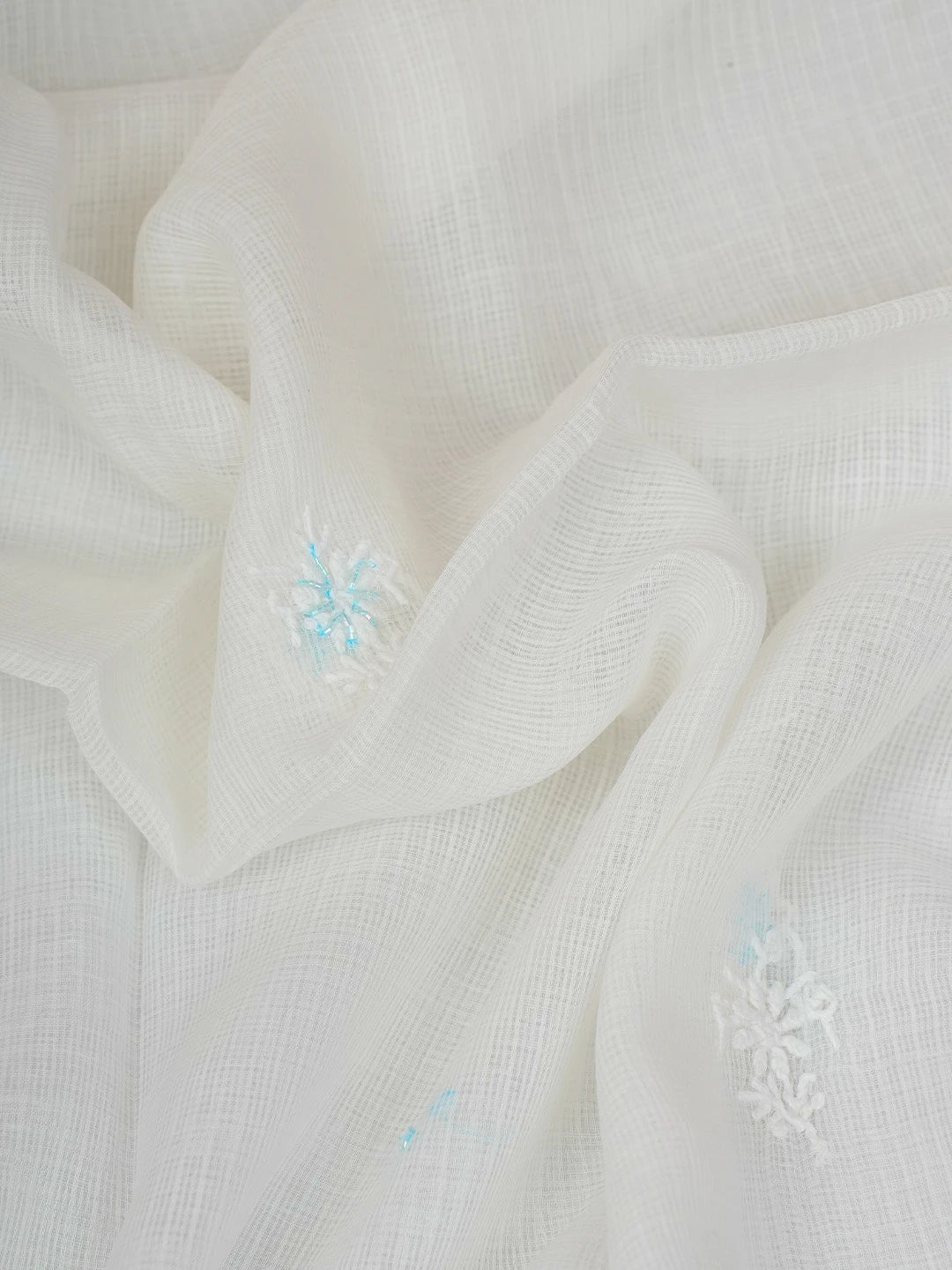 Ada Hand Embroidered White Kota Lucknowi Chikankari Unstitched Kurta Dupatta Set With Cutdana Work 01A749518