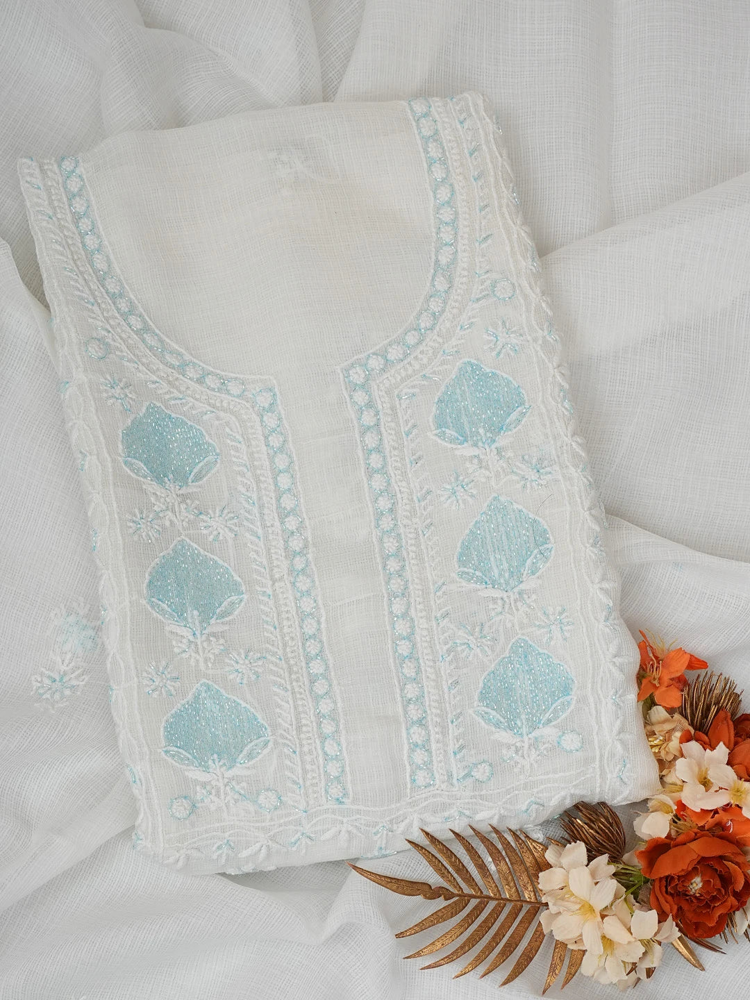 Ada Hand Embroidered White Kota Lucknowi Chikankari Unstitched Kurta Dupatta Set With Cutdana Work 01A749518