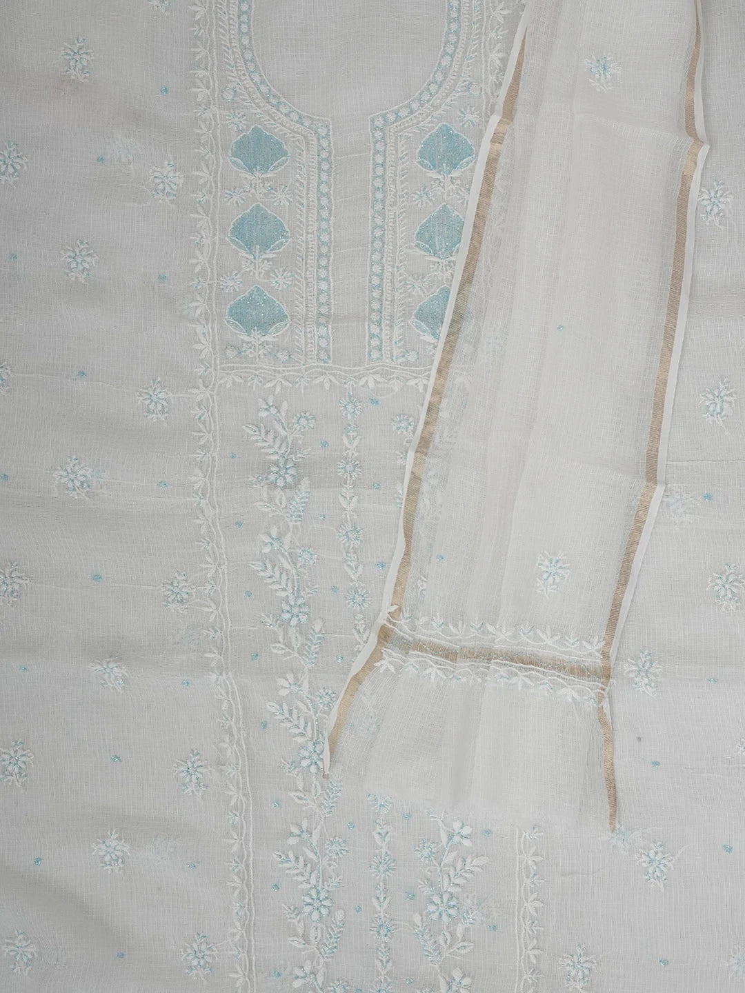Ada Hand Embroidered White Kota Lucknowi Chikankari Unstitched Kurta Dupatta Set With Cutdana Work 01A749518