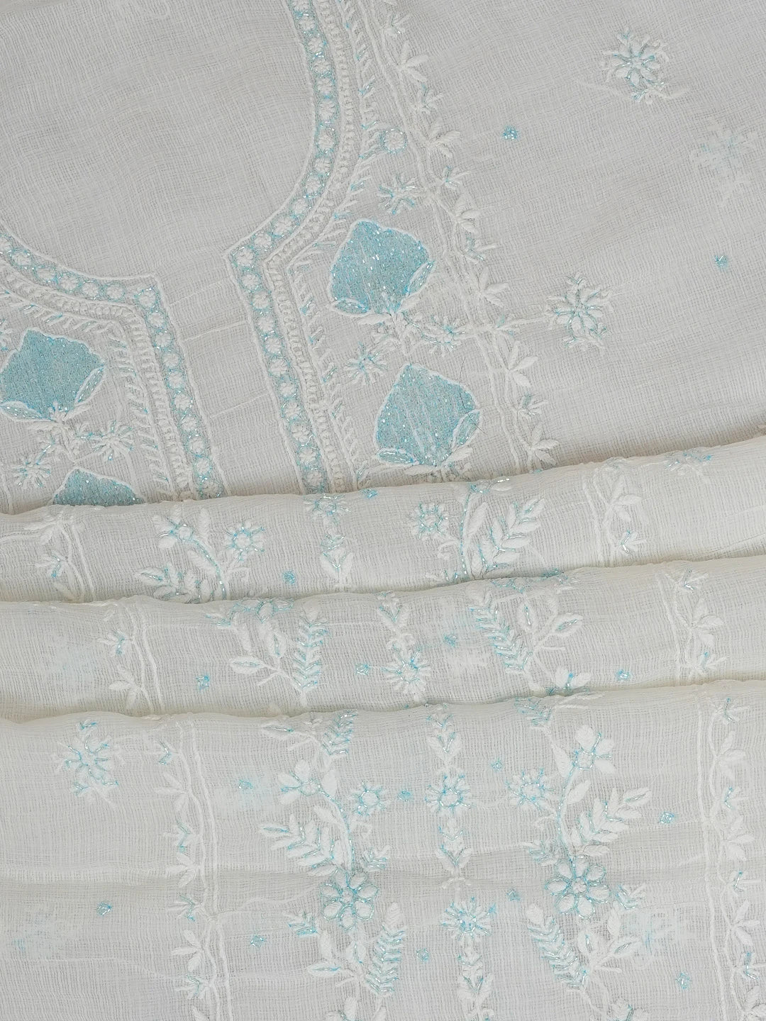 Ada Hand Embroidered White Kota Lucknowi Chikankari Unstitched Kurta Dupatta Set With Cutdana Work 01A749518