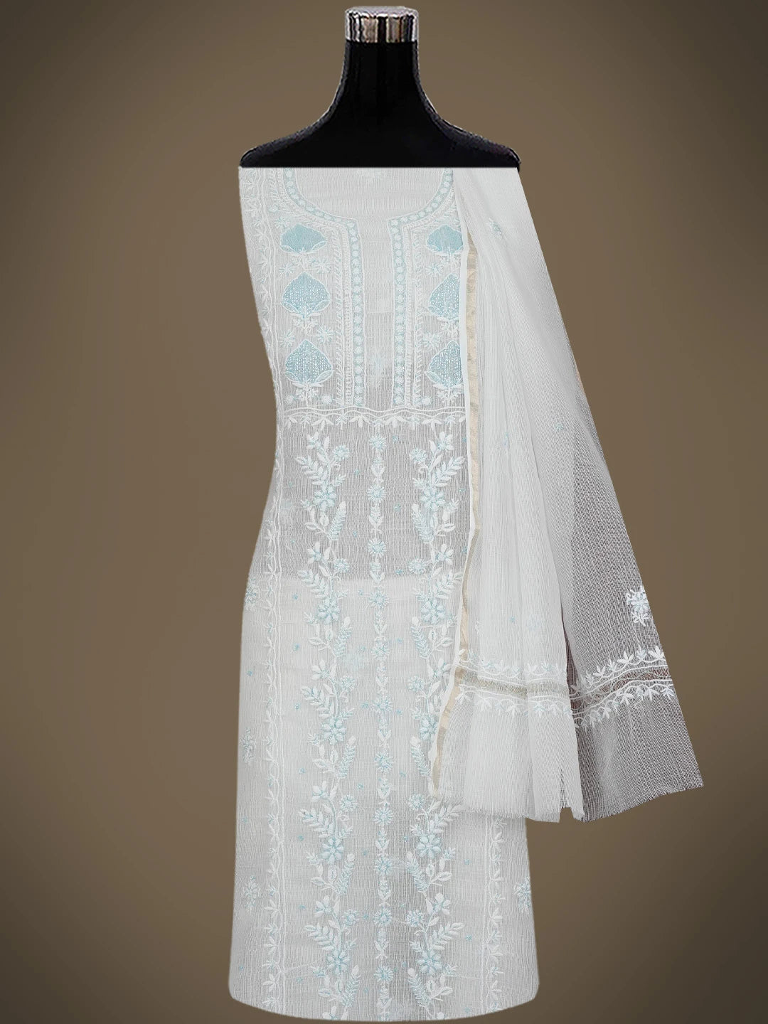 Ada Hand Embroidered White Kota Lucknowi Chikankari Unstitched Kurta Dupatta Set With Cutdana Work 01A749518