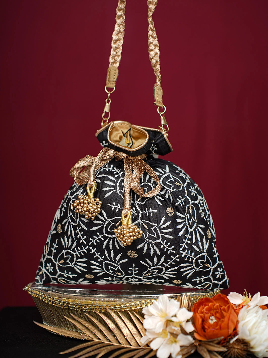 Ada Hand Embroidered Black Silk Lucknowi Chikankari Potli Bag With Zari Work 01A738566