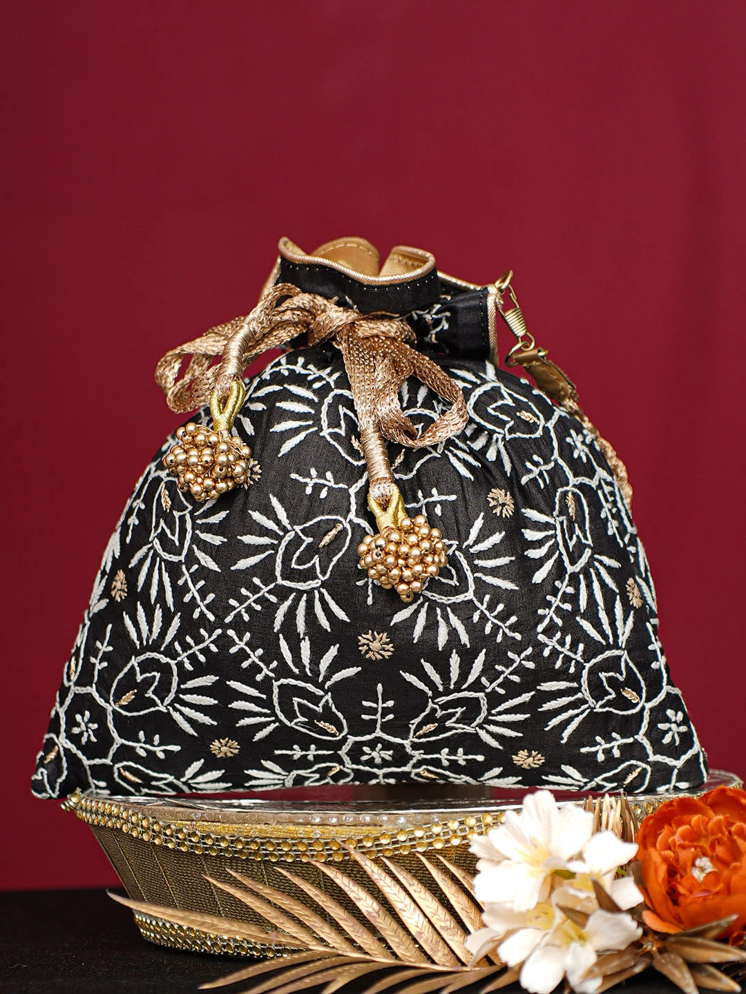 Ada Hand Embroidered Black Silk Lucknowi Chikankari Potli Bag With Zari Work 01A738566