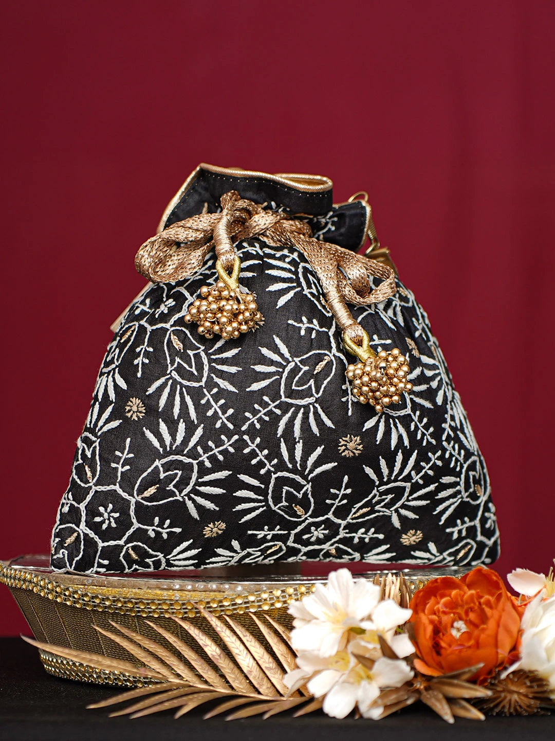 Ada Hand Embroidered Black Silk Lucknowi Chikankari Potli Bag With Zari Work 01A738566