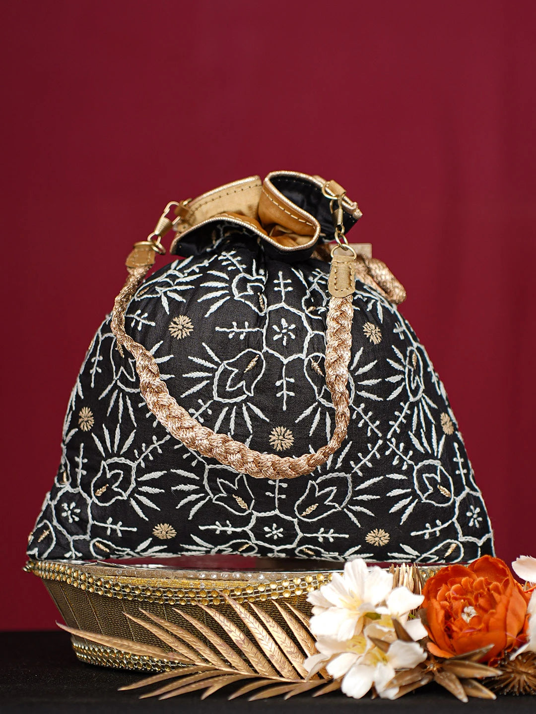 Ada Hand Embroidered Black Silk Lucknowi Chikankari Potli Bag With Zari Work 01A738566
