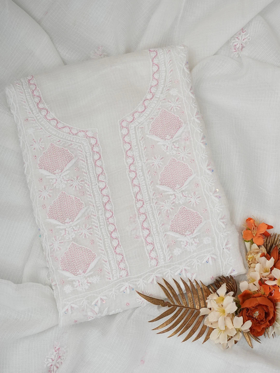 Ada Hand Embroidered White Kota Lucknowi Chikankari Unstitched Kurta Dupatta Set With Cutdana Work 01A749514