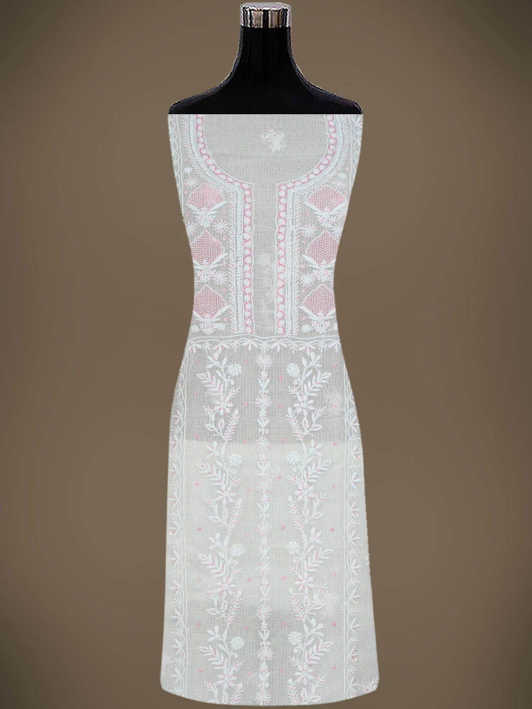 Ada Hand Embroidered White Kota Lucknowi Chikankari Unstitched Kurta Dupatta Set With Cutdana Work 01A749514