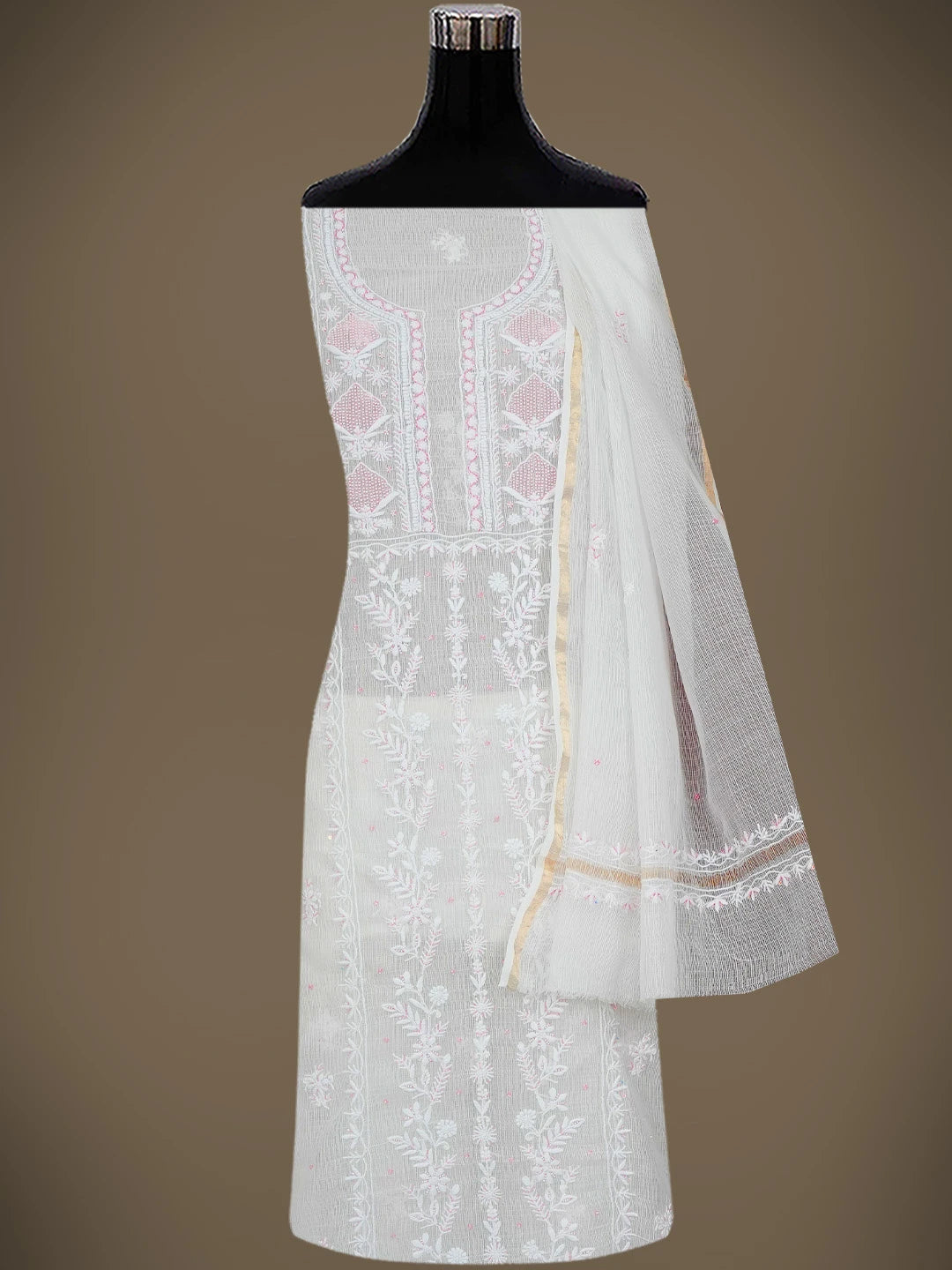 Ada Hand Embroidered White Kota Lucknowi Chikankari Unstitched Kurta Dupatta Set With Cutdana Work 01A749514