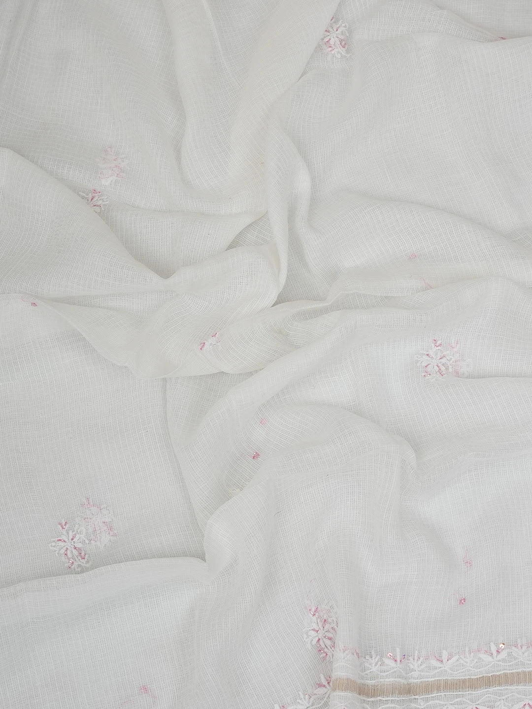 Ada Hand Embroidered White Kota Lucknowi Chikankari Unstitched Kurta Dupatta Set With Cutdana Work 01A749514
