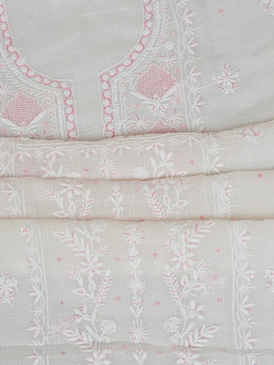 Ada Hand Embroidered White Kota Lucknowi Chikankari Unstitched Kurta Dupatta Set With Cutdana Work 01A749514
