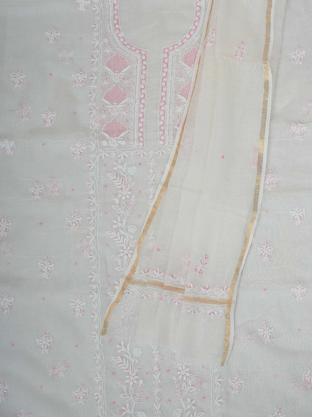 Ada Hand Embroidered White Kota Lucknowi Chikankari Unstitched Kurta Dupatta Set With Cutdana Work 01A749514