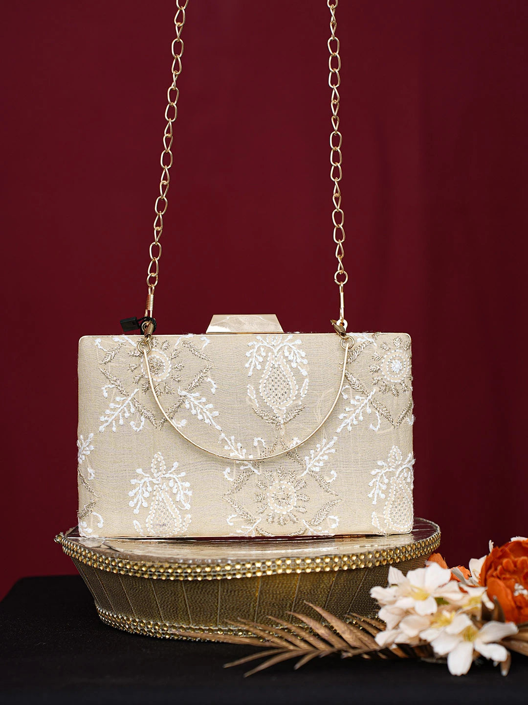 Ada Hand Embroidered Fawn Silk Lucknowi Chikankari Clutch With Zari Work 01A746448