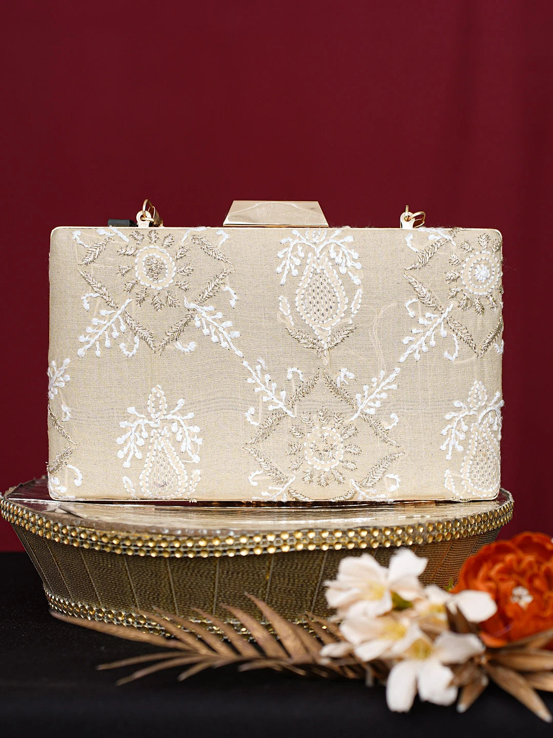 Ada Hand Embroidered Fawn Silk Lucknowi Chikankari Clutch With Zari Work 01A746448