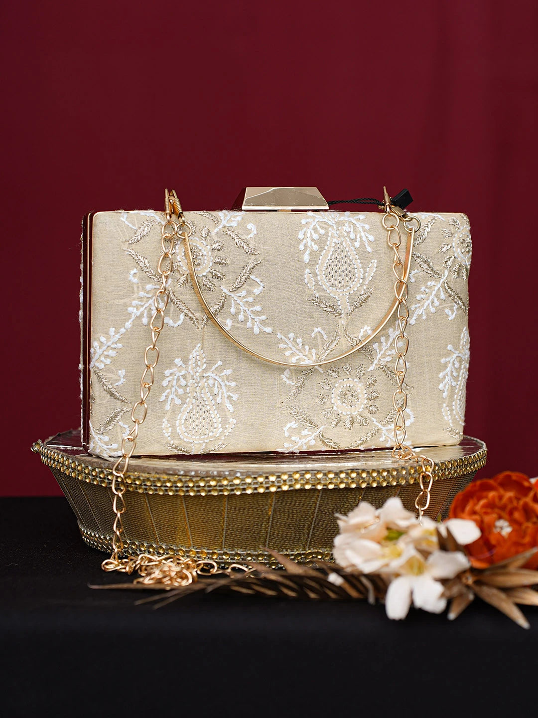 Ada Hand Embroidered Fawn Silk Lucknowi Chikankari Clutch With Zari Work 01A746448