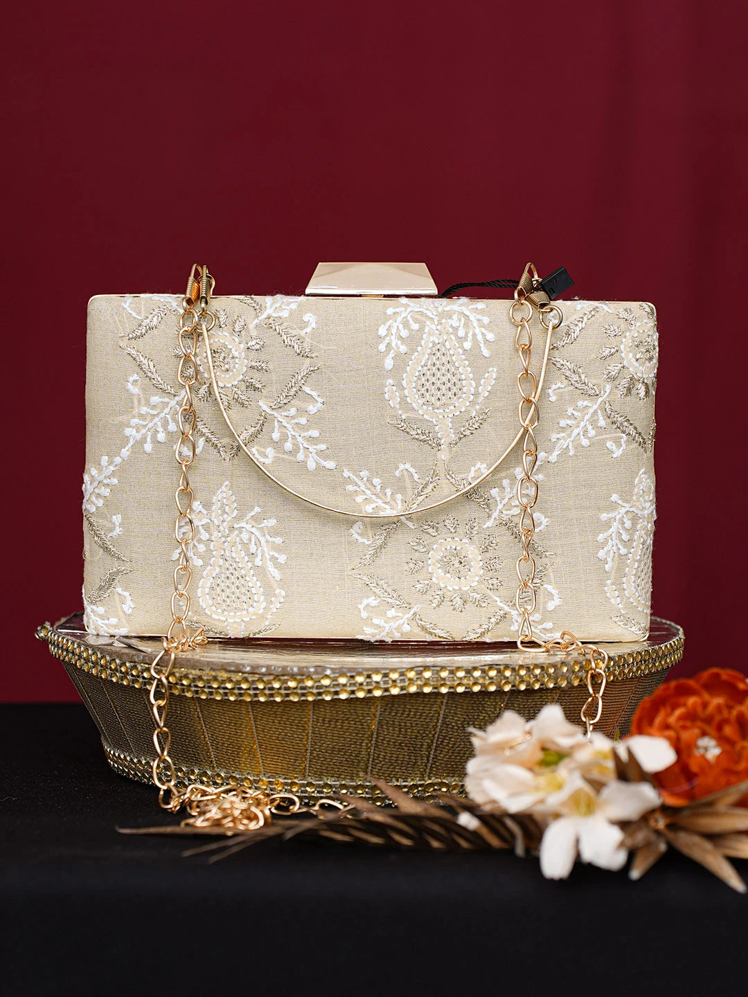 Ada Hand Embroidered Fawn Silk Lucknowi Chikankari Clutch With Zari Work 01A746448