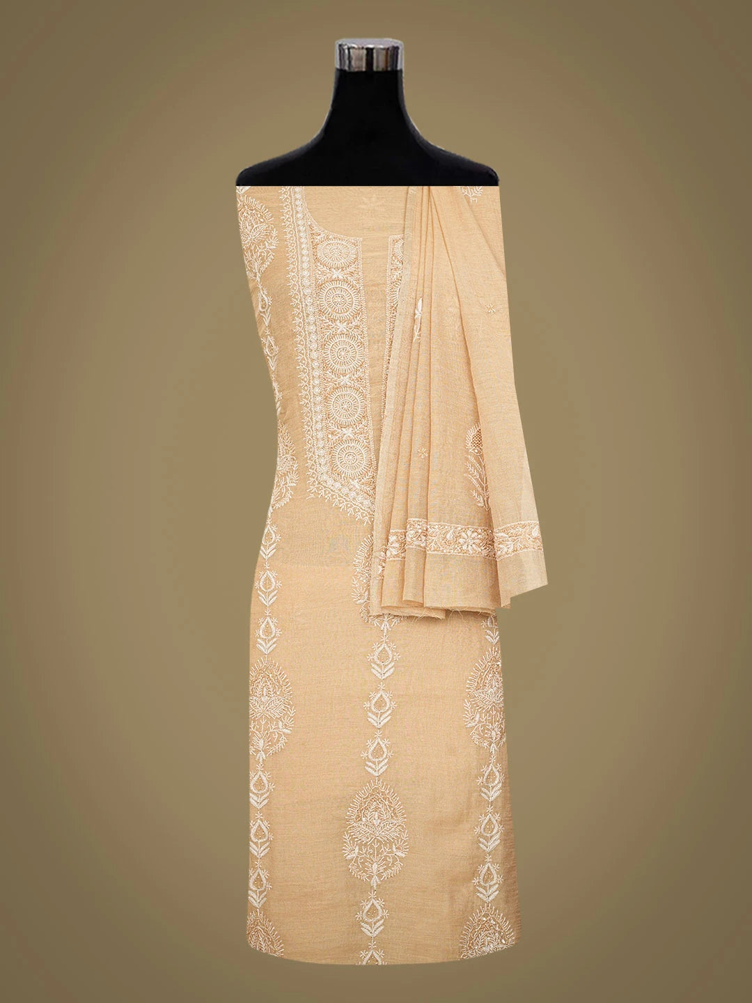 Ada Hand Embroidered Fallow Brown Tissue Lucknowi Chikankari Unstitched Kurta Dupatta Set With Cutdana Work 01A718671