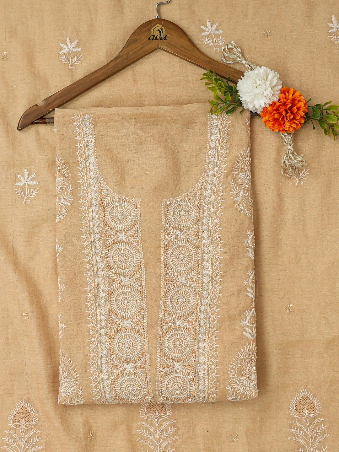 Ada Hand Embroidered Fallow Brown Tissue Lucknowi Chikankari Unstitched Kurta Dupatta Set With Cutdana Work 01A718671