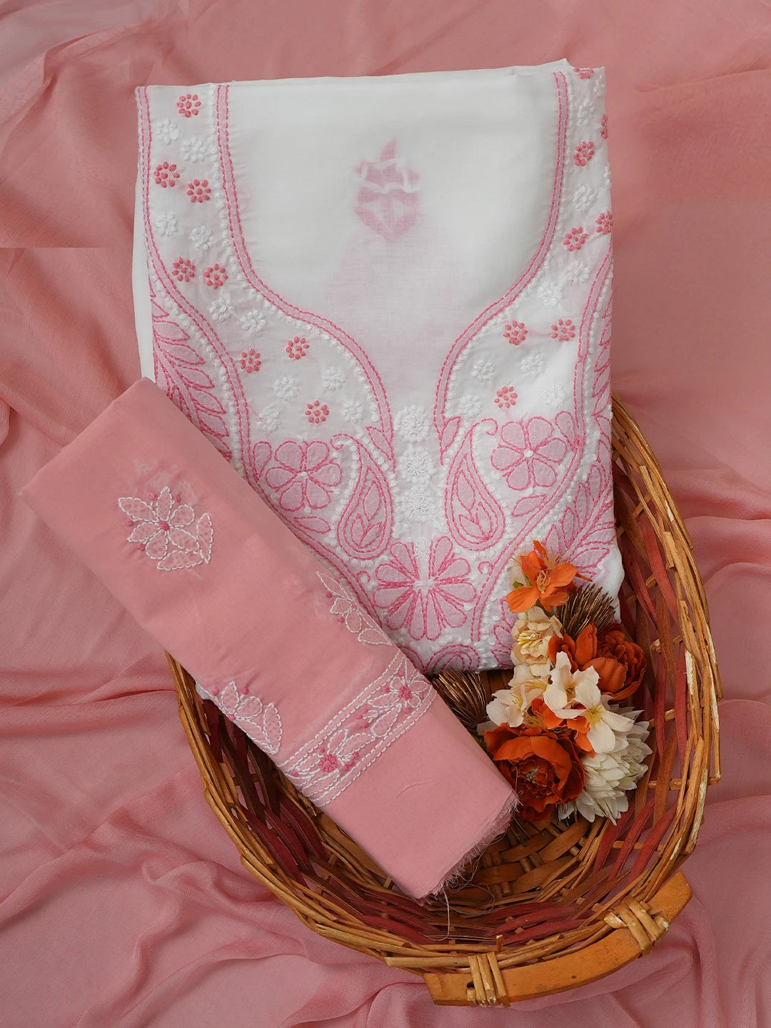 Ada Hand Embroidered White Cotton Lucknowi Chikankari Unstitched Suit Piece 01A746255