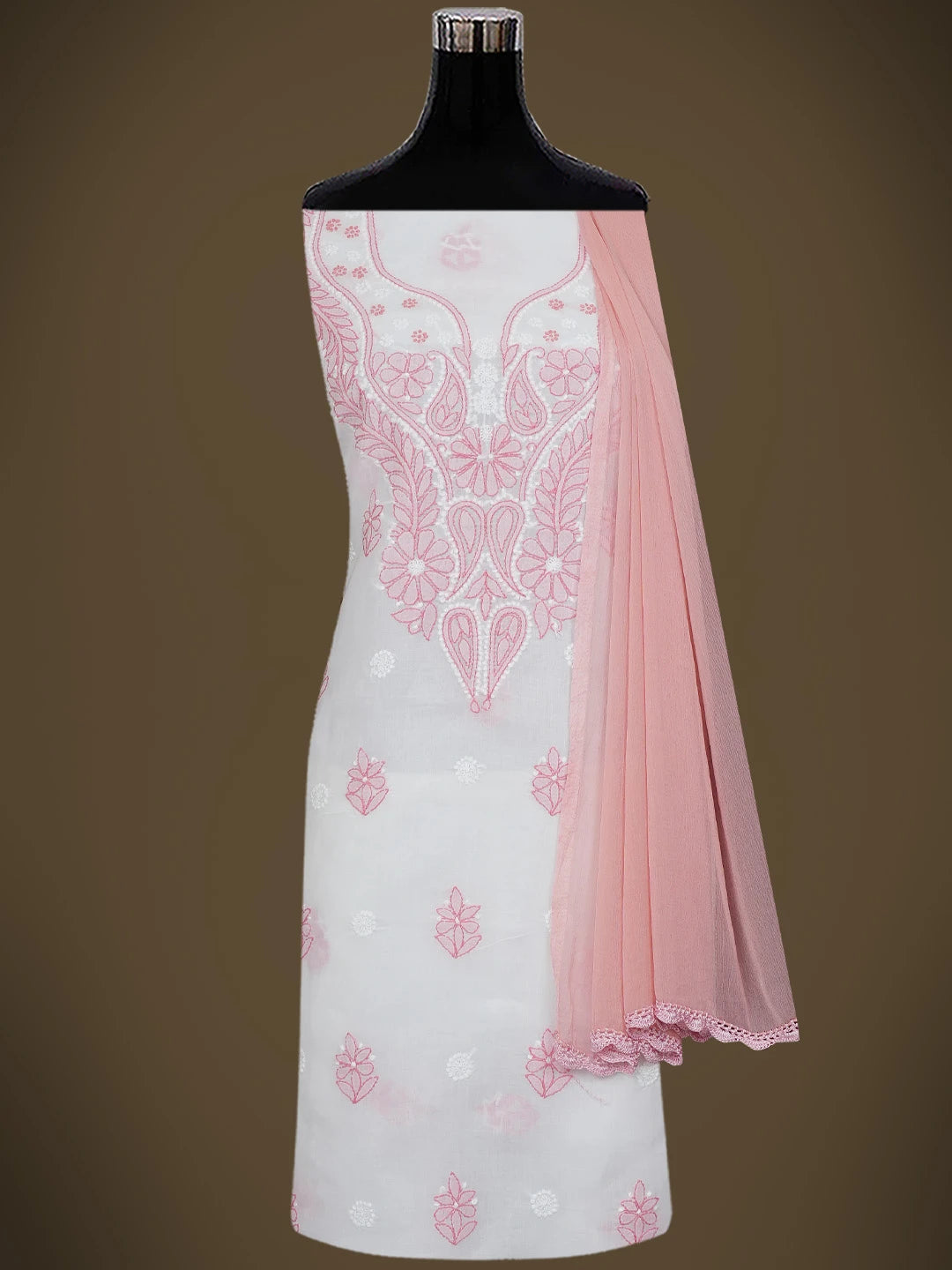 Ada Hand Embroidered White Cotton Lucknowi Chikankari Unstitched Suit Piece 01A746255