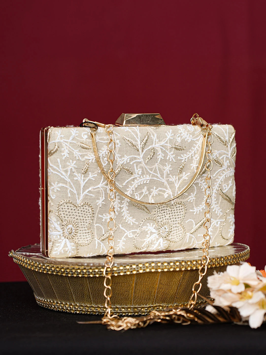 Ada Hand Embroidered Fawn Silk Lucknowi Chikankari Clutch With Zari Work 01A746447