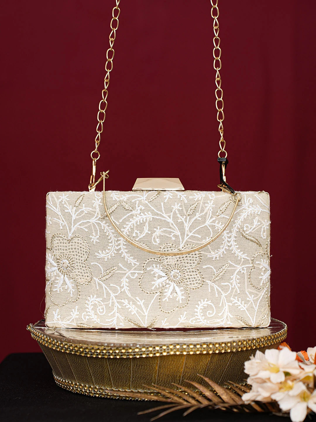 Ada Hand Embroidered Fawn Silk Lucknowi Chikankari Clutch With Zari Work 01A746447