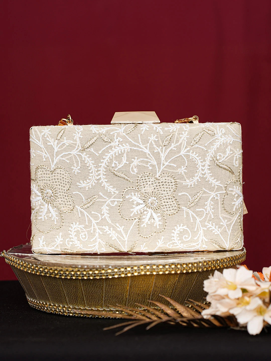 Ada Hand Embroidered Fawn Silk Lucknowi Chikankari Clutch With Zari Work 01A746447