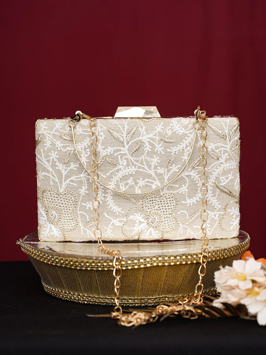 Ada Hand Embroidered Fawn Silk Lucknowi Chikankari Clutch With Zari Work 01A746447