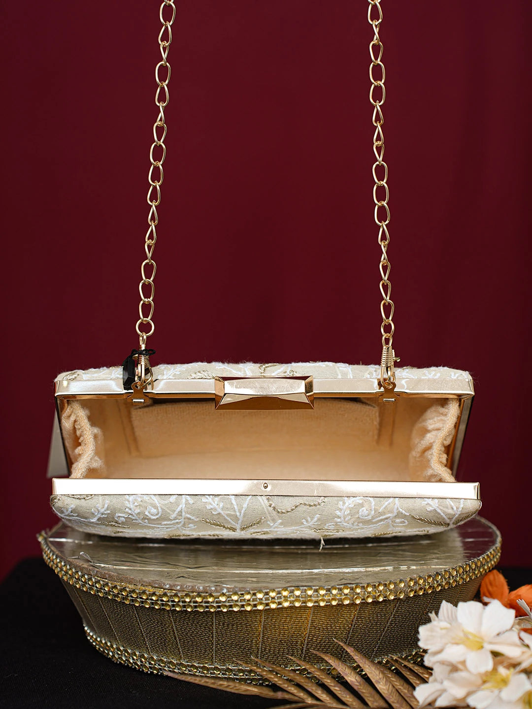 Ada Hand Embroidered Fawn Silk Lucknowi Chikankari Clutch With Zari Work 01A746447