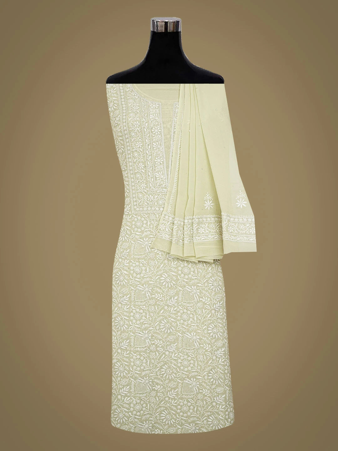 Ada Hand Embroidered Pista Green Pure Georgette Lucknowi Chikankari Unstitched Kurta Dupatta Set With Zari Work 01A618450