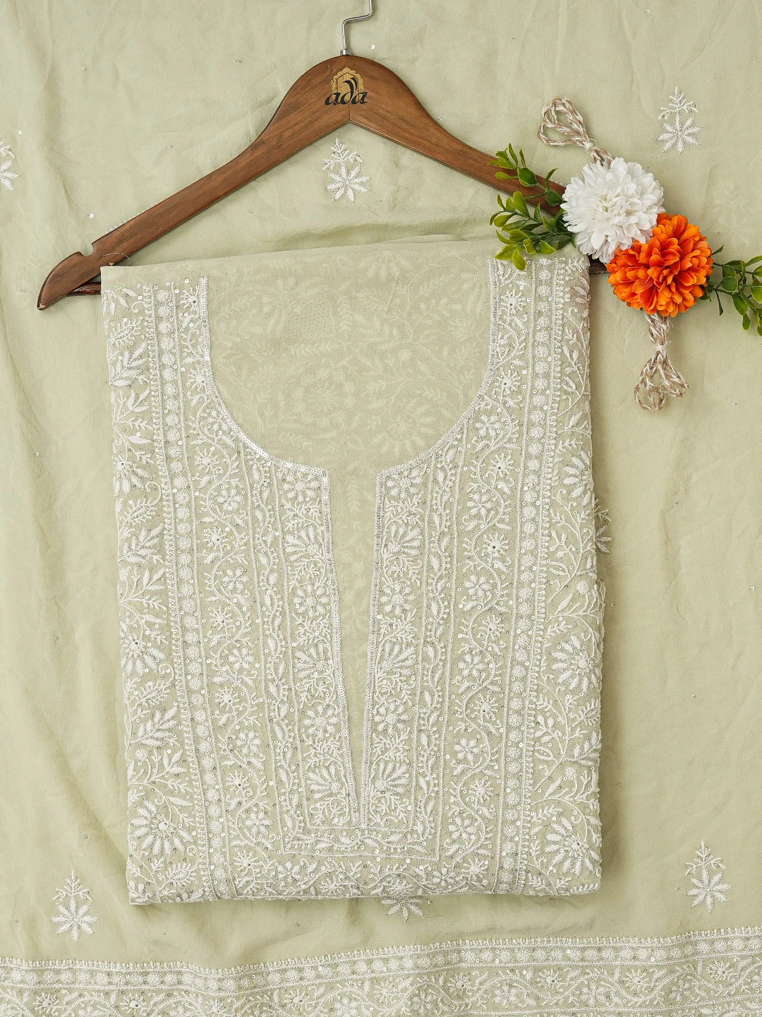 Ada Hand Embroidered Pista Green Pure Georgette Lucknowi Chikankari Unstitched Kurta Dupatta Set With Zari Work 01A618450