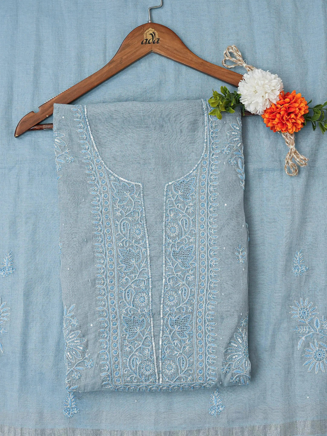Ada Hand Embroidered Vista Blue Tissue Lucknowi Chikankari Unstitched Kurta Dupatta Set With Zari Work 01A719987