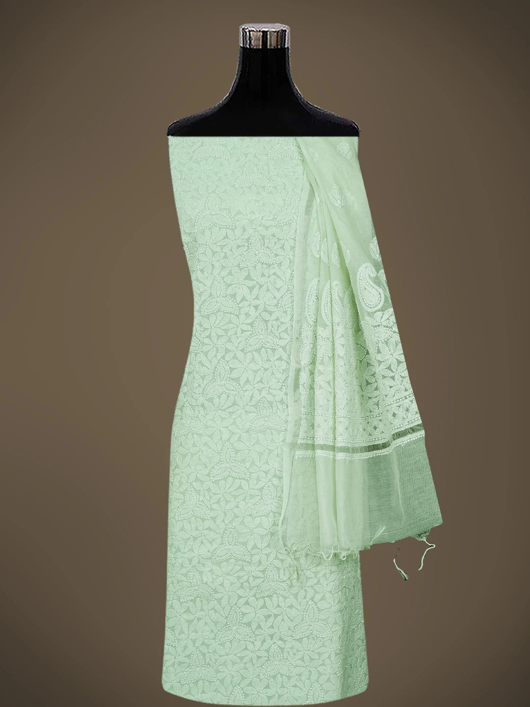 Ada Hand Embroidered Light Green Chanderi Lucknowi Chikankari Unstitched Kurta Dupatta Set 01A647433
