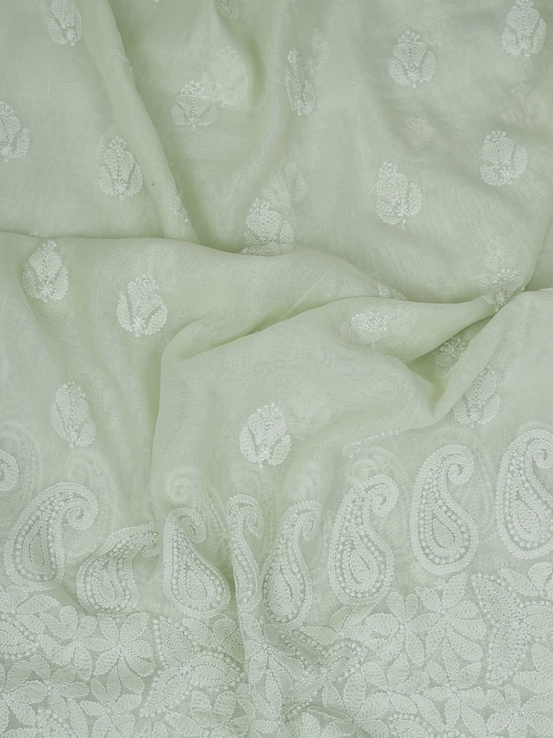 Ada Hand Embroidered Light Green Chanderi Lucknowi Chikankari Unstitched Kurta Dupatta Set 01A647433