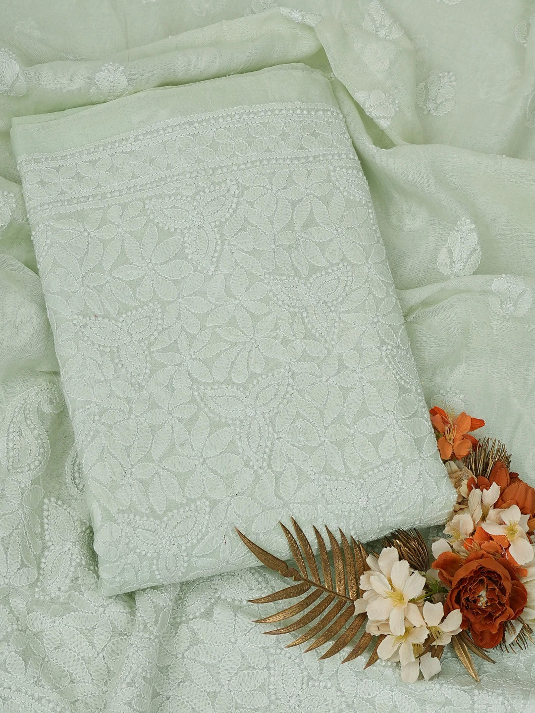Ada Hand Embroidered Light Green Chanderi Lucknowi Chikankari Unstitched Kurta Dupatta Set 01A647433