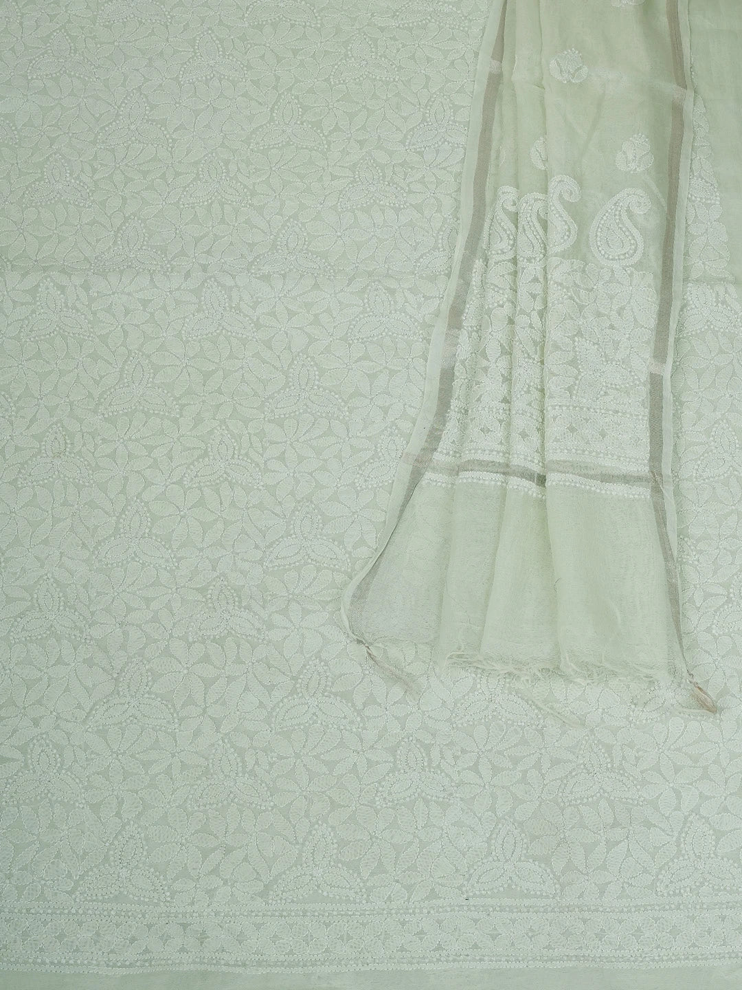 Ada Hand Embroidered Light Green Chanderi Lucknowi Chikankari Unstitched Kurta Dupatta Set 01A647433